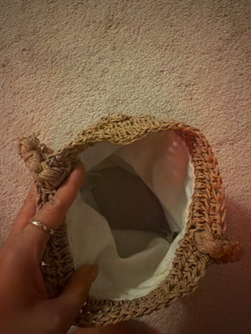 Crochet Straw Mini Shoulder Bag — Tan Bubble Weave, Braided Strap, Lined